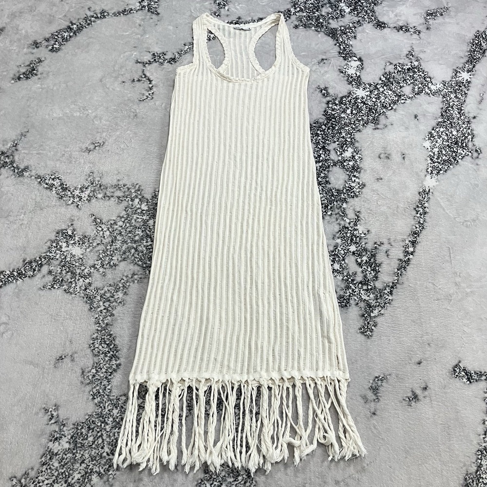 Zara Knit Dress Womens Size M Ivory Fringe Crochet Sleeveless Beach Cover Up